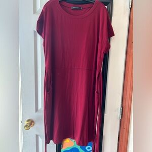 Red Midi Tie Waist Dress Crew Neck Short Sleeve